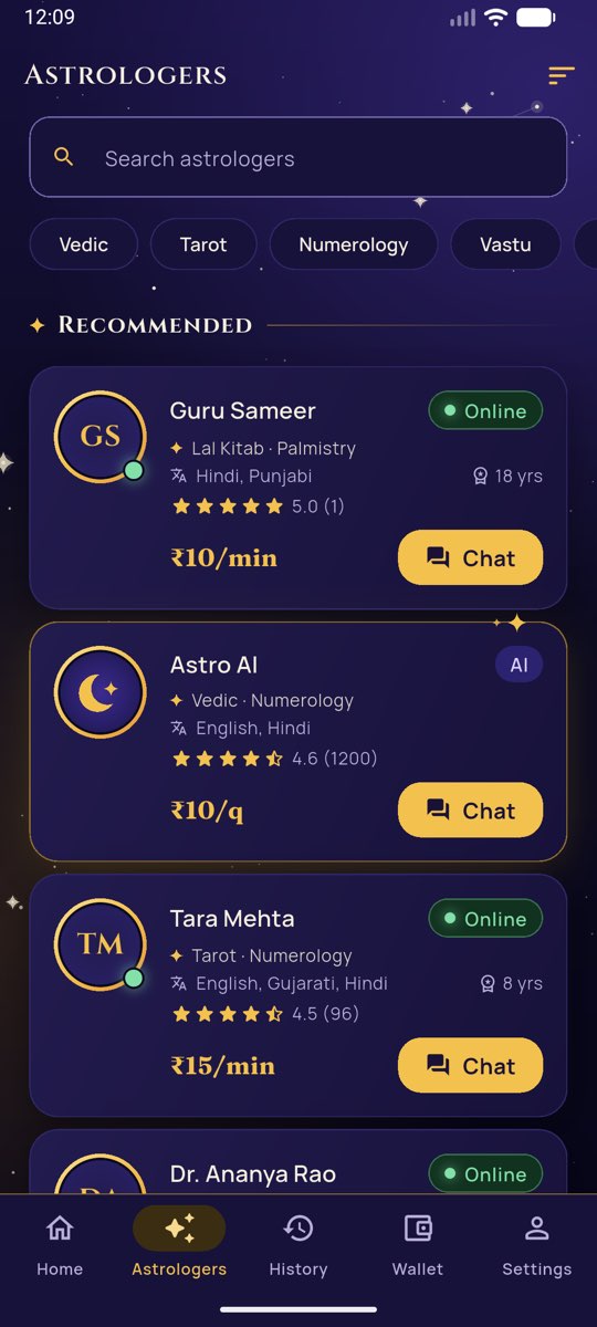 A list of astrologers with their skills, languages, rate per minute and whether they are online