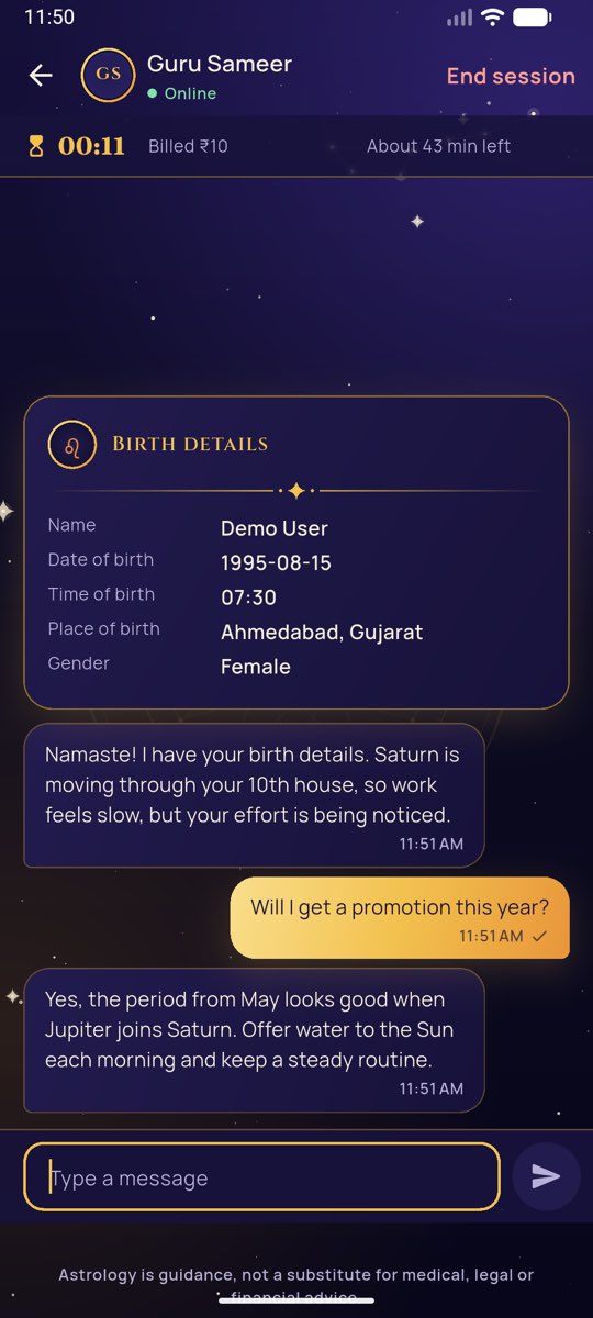 A chat with an astrologer: the shared birth details card, messages and the running timer
