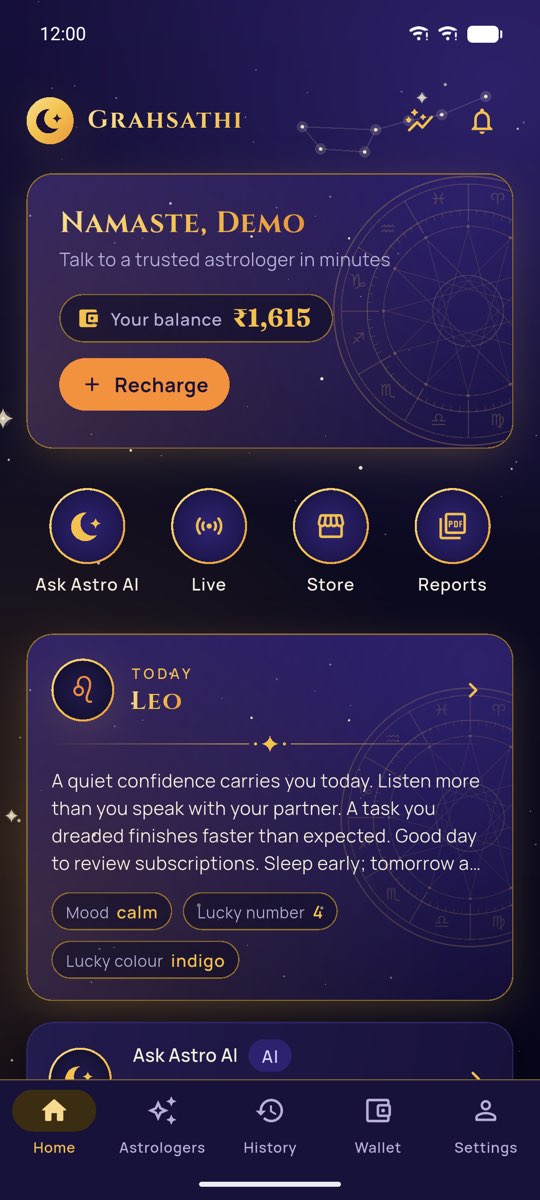 The Grahsathi home screen with the wallet balance, shortcuts and today’s horoscope