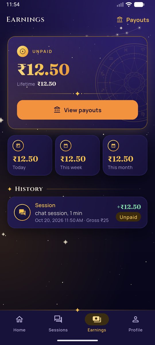 The Earnings screen: unpaid amount, today, this week, this month and the history