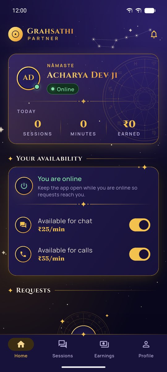 The Partner app home: online switches for chat, call and video, today’s numbers and the waiting queue